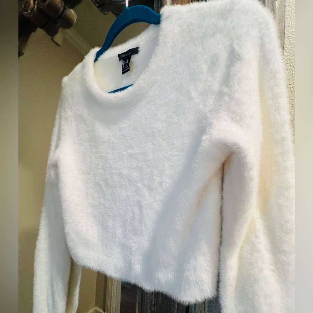 Fuzzy Cropped Winter White Sweater